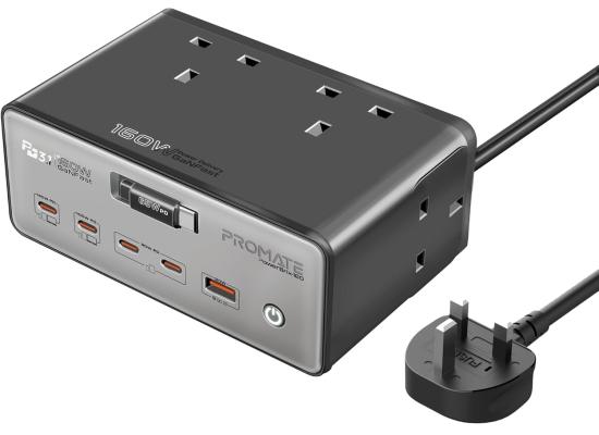 Promate PowerBrix-160 GaNFast 160W Charging Hub, Quad 3250W AC Sockets, 140W PD3.1 Usb-c, 100W USB-C, Dual 30W USB-C PD, 30W USB-A, Retractable Cable, 3m Power Cord - Gray